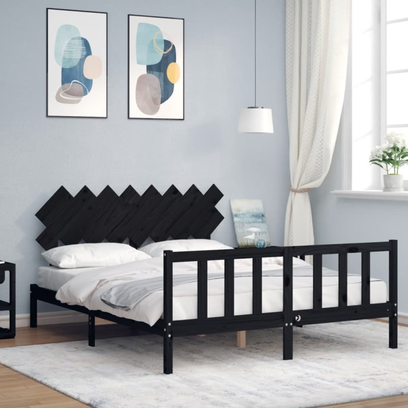 vidaXL Estructura de cama con cabecero madera maciza negro 160x200 cm