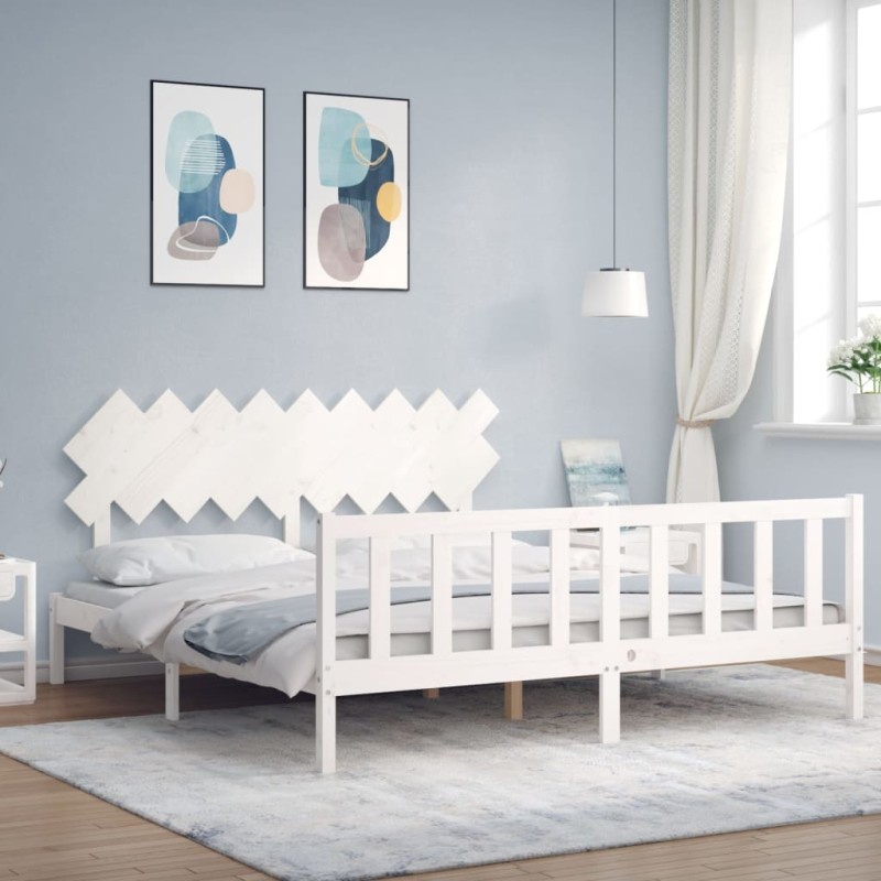 vidaXL Estructura cama de matrimonio con cabecero madera maciza blanco vidaXL Estructura cama de matrimonio con cabecero madera maciza blanco