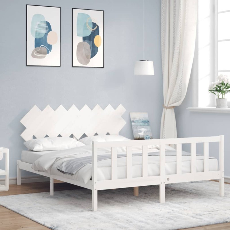 vidaXL Estructura de cama con cabecero madera maciza blanco 160x200 cm vidaXL Estructura de cama con cabecero madera maciza blanco 160x200 cm