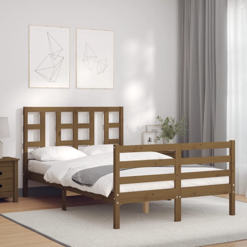 vidaXL Estructura de cama matrimonio con cabecero madera marrón miel vidaXL Estructura de cama matrimonio con cabecero madera marrón miel