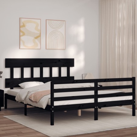 vidaXL Estructura de cama con cabecero madera maciza negro 160x200 cm
