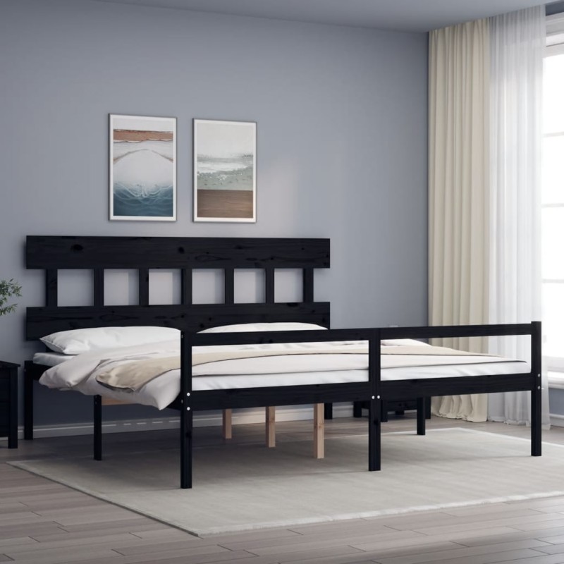 vidaXL Cama matrimonio personas mayores cabecero madera maciza negro