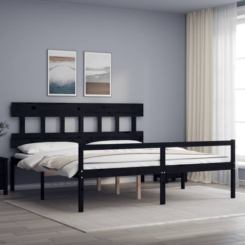 vidaXL Cama personas mayores cabecero madera maciza negro 200x200 cm vidaXL Cama personas mayores cabecero madera maciza negro 200x200 cm