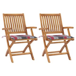 vidaXL Sillas de jardín 2 uds madera teca con cojines a cuadros rojos 