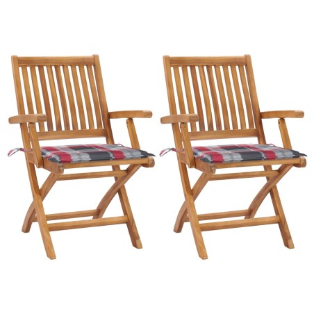 vidaXL Sillas de jardín 2 uds madera teca con cojines a cuadros rojos 
