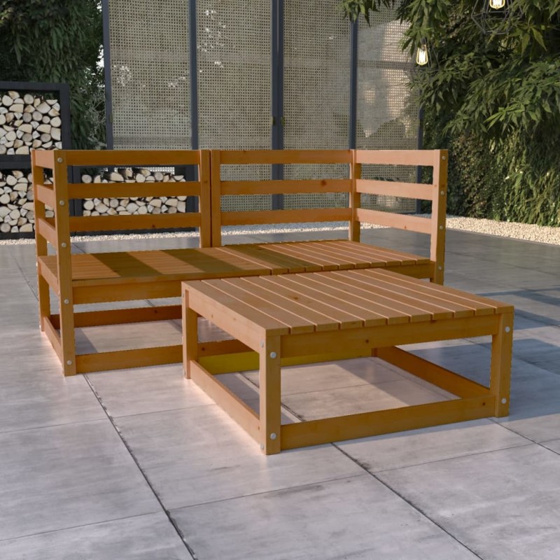 vidaXL Muebles de jardín 3 pzas y cojines marrón miel madera pino vidaXL Muebles de jardín 3 pzas y cojines marrón miel madera pino