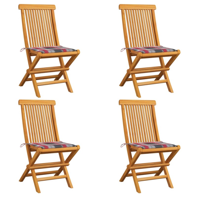 vidaXL Sillas de jardín 4 uds madera de teca y cojines a cuadros rojos