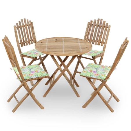 vidaXL Set de comedor exterior plegable 5 piezas con cojines bambú