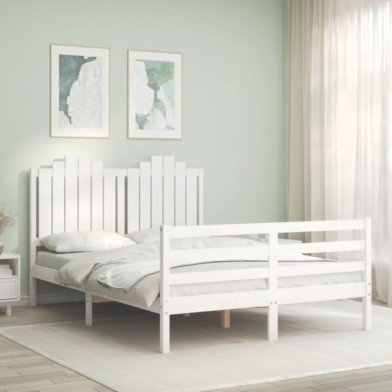vidaXL Estructura cama de matrimonio con cabecero madera maciza blanco vidaXL Estructura cama de matrimonio con cabecero madera maciza blanco