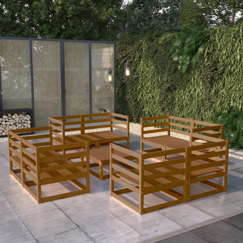 vidaXL Muebles de jardín 9 pzas y cojines marrón miel madera pino vidaXL Muebles de jardín 9 pzas y cojines marrón miel madera pino
