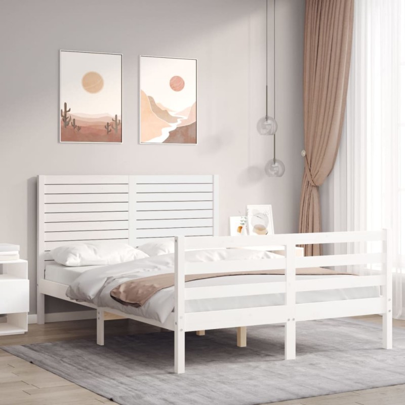 vidaXL Estructura cama de matrimonio con cabecero madera maciza blanco vidaXL Estructura cama de matrimonio con cabecero madera maciza blanco