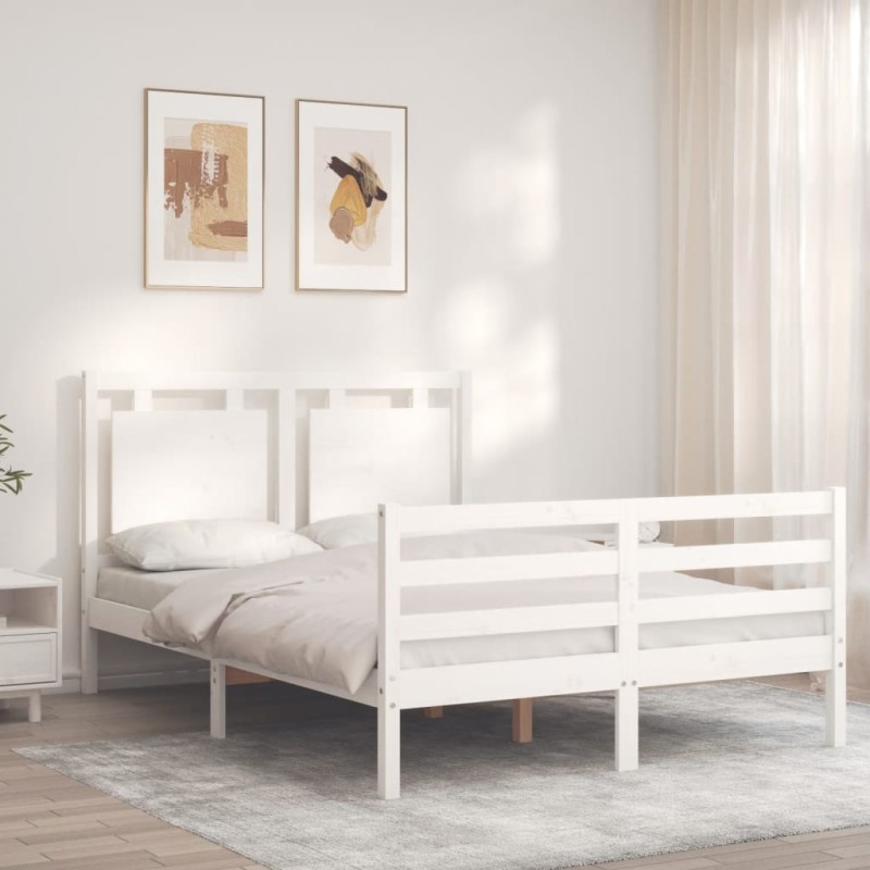 vidaXL Estructura cama de matrimonio con cabecero madera maciza blanco vidaXL Estructura cama de matrimonio con cabecero madera maciza blanco