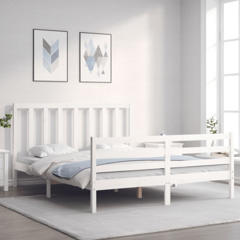 vidaXL Estructura de cama con cabecero madera maciza blanco 160x200 cm vidaXL Estructura de cama con cabecero madera maciza blanco 160x200 cm