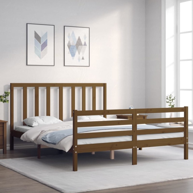 vidaXL Estructura de cama matrimonio con cabecero madera marrón miel