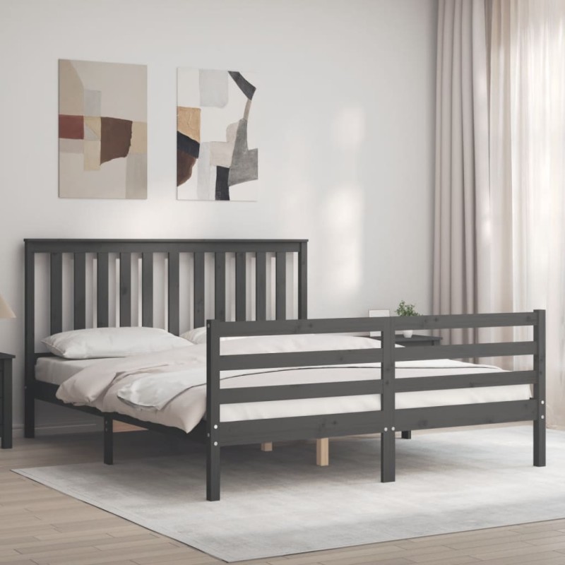 vidaXL Estructura de cama con cabecero madera maciza gris 160x200 cm vidaXL Estructura de cama con cabecero madera maciza gris 160x200 cm