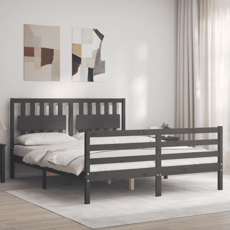 vidaXL Estructura de cama con cabecero madera maciza gris 160x200 cm