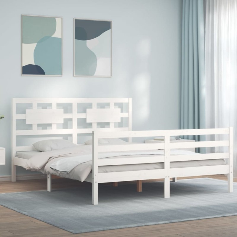 vidaXL Estructura de cama con cabecero madera maciza blanco 160x200 cm vidaXL Estructura de cama con cabecero madera maciza blanco 160x200 cm