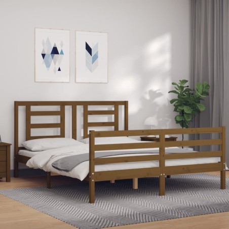 vidaXL Estructura de cama matrimonio con cabecero madera marrón miel