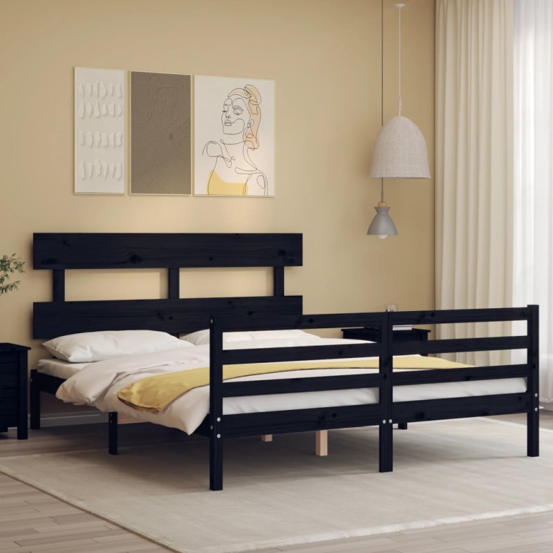 vidaXL Estructura de cama con cabecero madera maciza negro 160x200 cm vidaXL Estructura de cama con cabecero madera maciza negro 160x200 cm