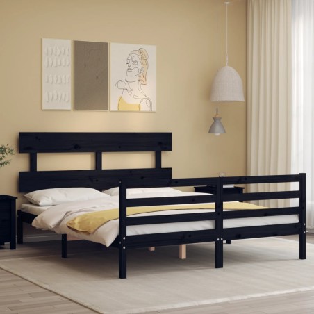vidaXL Estructura de cama con cabecero madera maciza negro 160x200 cm