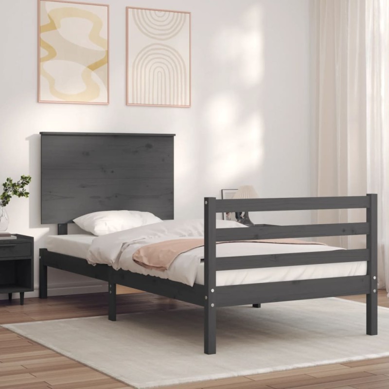 vidaXL Estructura de cama con cabecero madera maciza gris 90x200 cm vidaXL Estructura de cama con cabecero madera maciza gris 90x200 cm