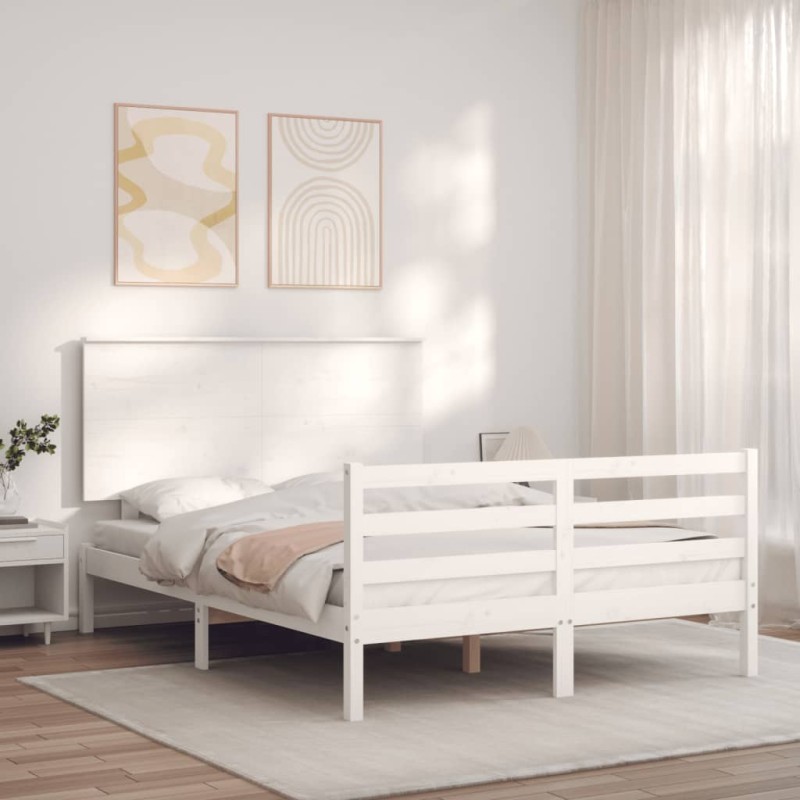 vidaXL Estructura de cama con cabecero madera maciza blanco 140x200 cm vidaXL Estructura de cama con cabecero madera maciza blanco 140x200 cm