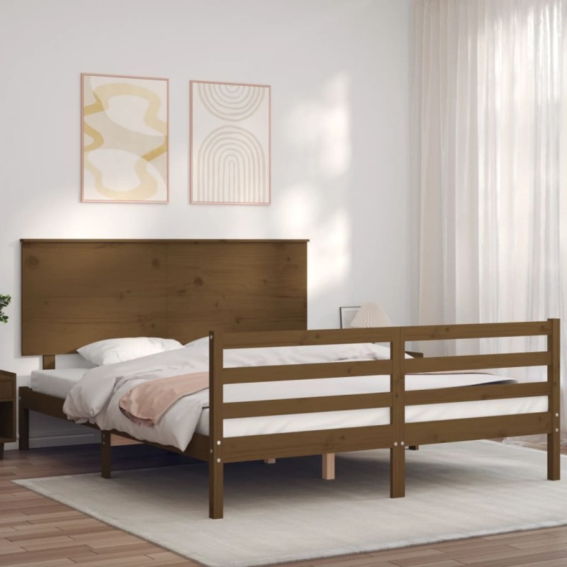 vidaXL Estructura de cama matrimonio con cabecero madera marrón miel vidaXL Estructura de cama matrimonio con cabecero madera marrón miel