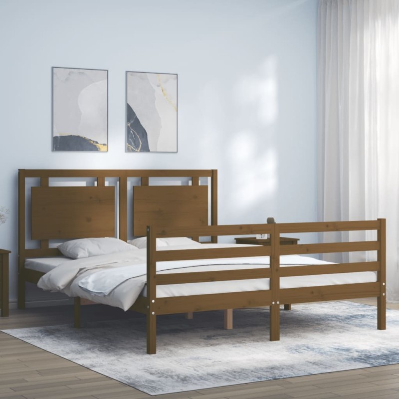 vidaXL Estructura de cama matrimonio con cabecero madera marrón miel