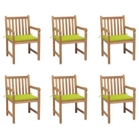 vidaXL Sillas de jardín 6 uds madera maciza teca cojines verde brillo