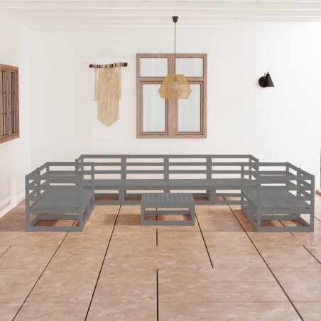 vidaXL Juego de muebles de jardín 9 piezas gris madera maciza de pino