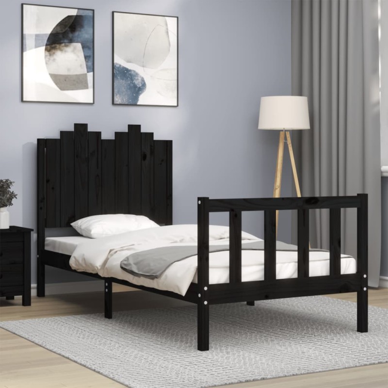 vidaXL Estructura de cama con cabecero madera maciza negro 90x200 cm vidaXL Estructura de cama con cabecero madera maciza negro 90x200 cm