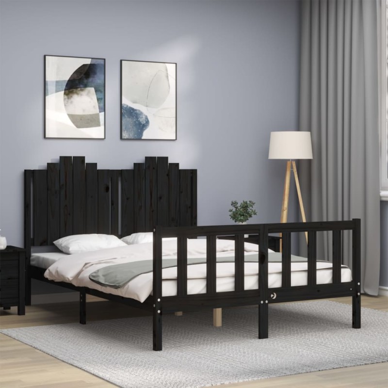 vidaXL Estructura de cama con cabecero madera maciza negro 140x200 cm vidaXL Estructura de cama con cabecero madera maciza negro 140x200 cm