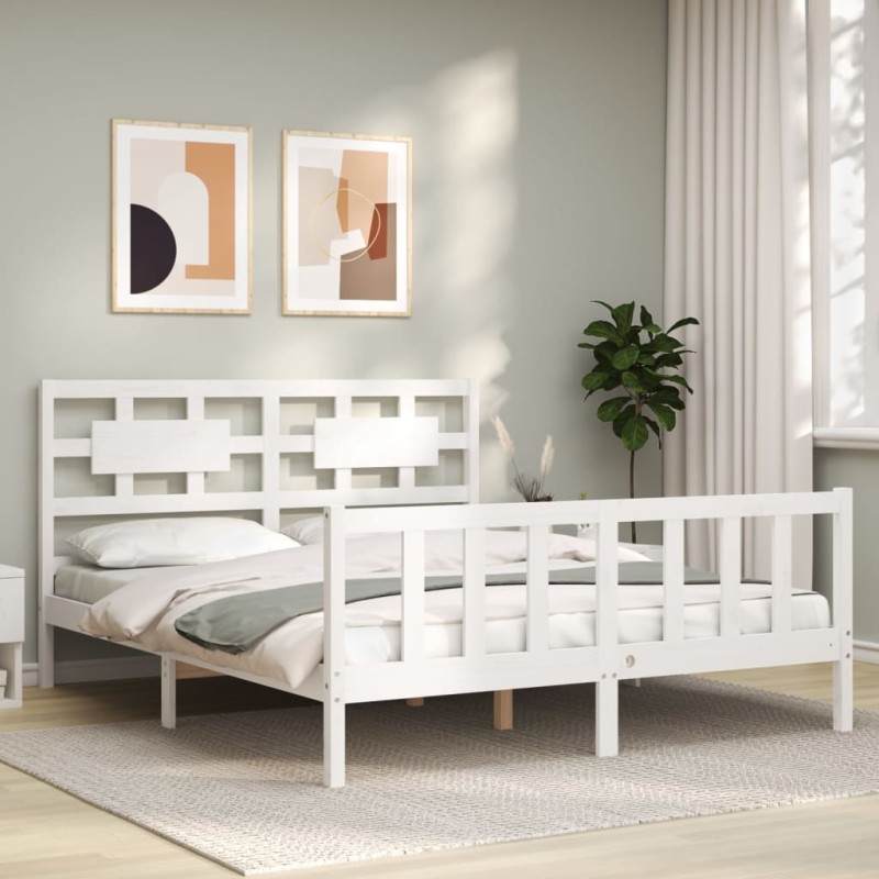 vidaXL Estructura de cama matrimonio con cabecero madera maciza blanco vidaXL Estructura de cama matrimonio con cabecero madera maciza blanco