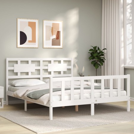 vidaXL Estructura de cama matrimonio con cabecero madera maciza blanco