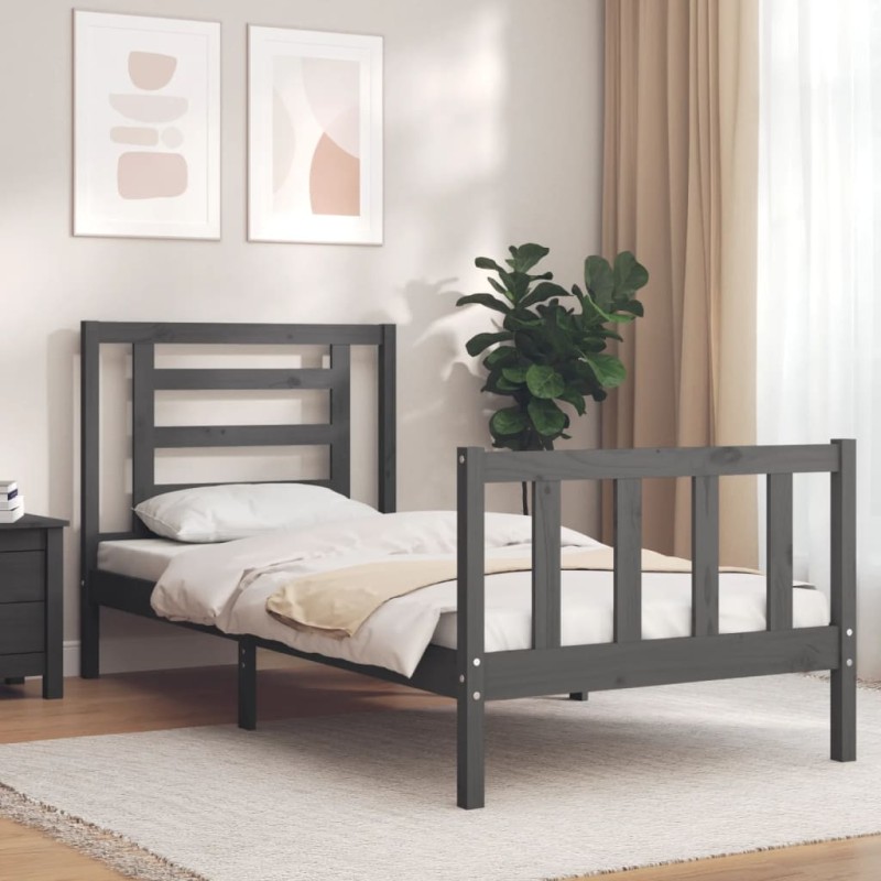 vidaXL Estructura de cama con cabecero madera maciza gris 100x200 cm vidaXL Estructura de cama con cabecero madera maciza gris 100x200 cm