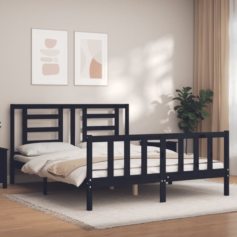 vidaXL Estructura cama de matrimonio con cabecero madera maciza negro vidaXL Estructura cama de matrimonio con cabecero madera maciza negro