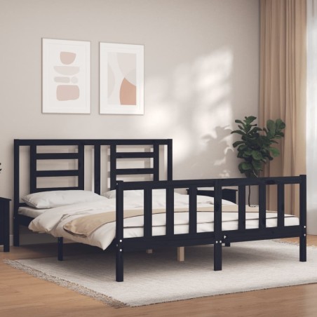 vidaXL Estructura cama de matrimonio con cabecero madera maciza negro