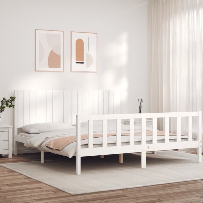 vidaXL Estructura cama de matrimonio con cabecero madera maciza blanco vidaXL Estructura cama de matrimonio con cabecero madera maciza blanco