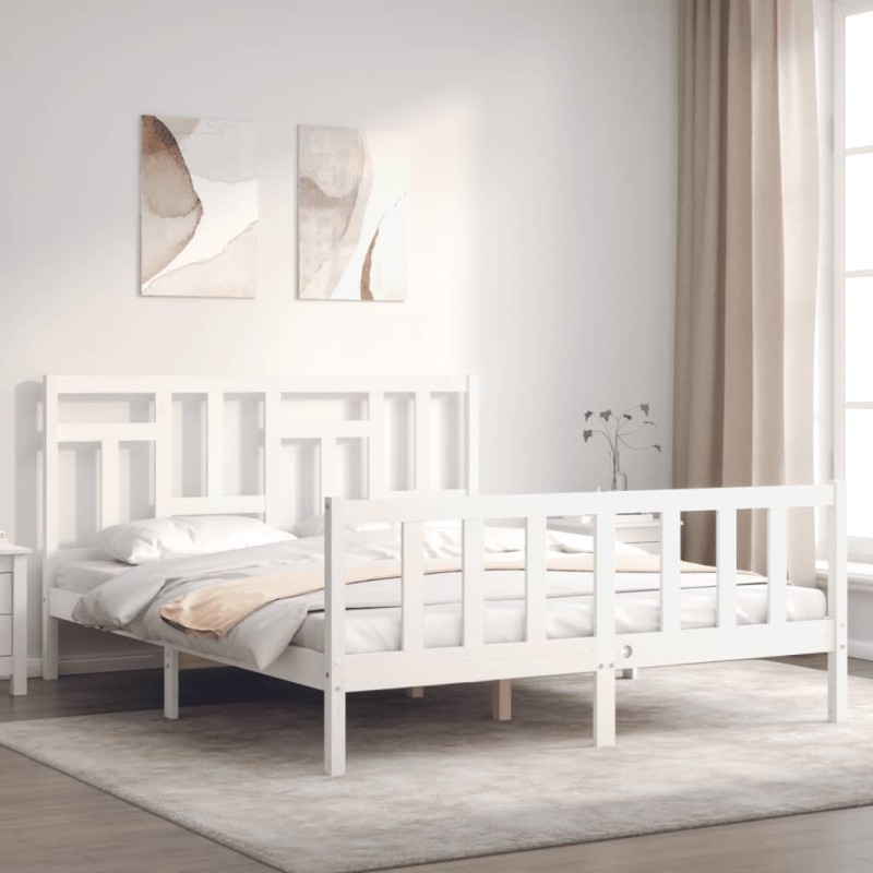 vidaXL Estructura de cama matrimonio con cabecero madera maciza blanco vidaXL Estructura de cama matrimonio con cabecero madera maciza blanco