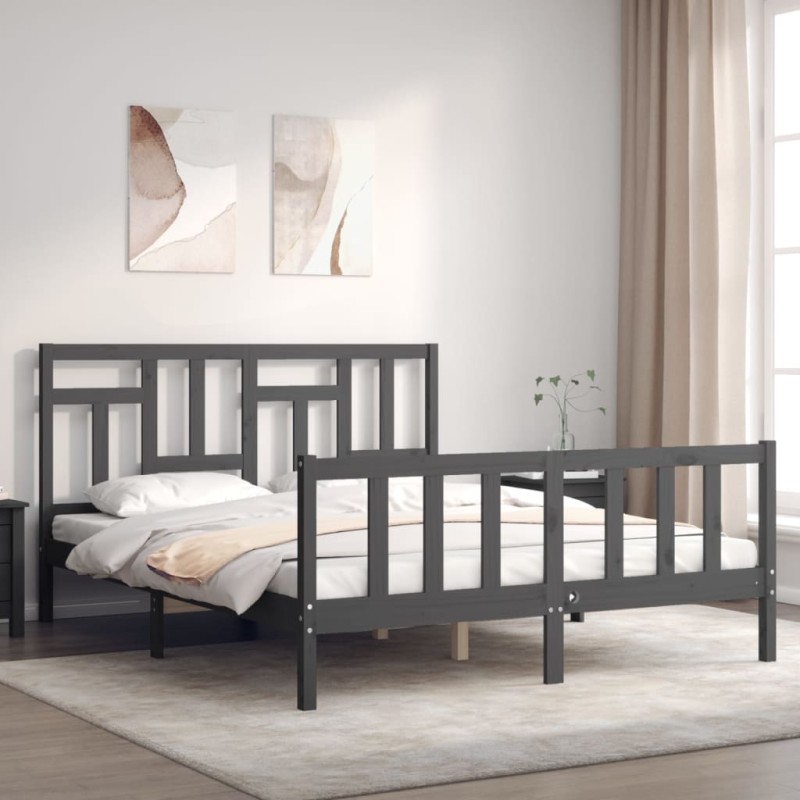 vidaXL Estructura de cama con cabecero madera maciza gris 160x200 cm vidaXL Estructura de cama con cabecero madera maciza gris 160x200 cm