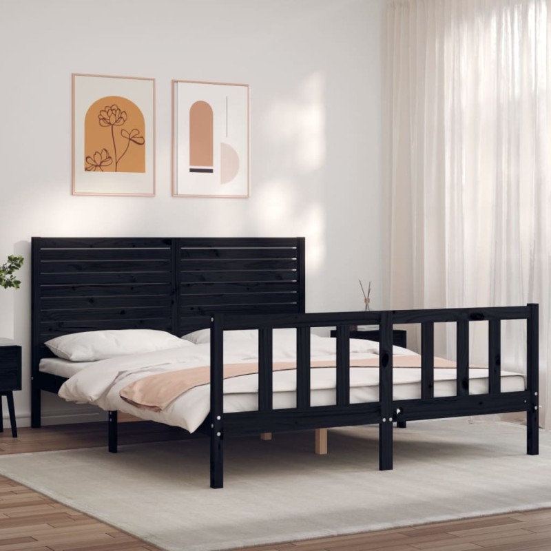 vidaXL Estructura de cama con cabecero madera maciza negro 160x200 cm vidaXL Estructura de cama con cabecero madera maciza negro 160x200 cm