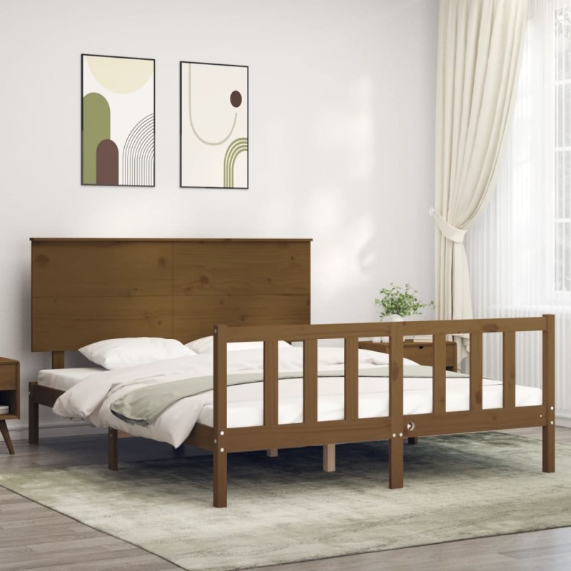 vidaXL Estructura de cama matrimonio con cabecero madera marrón miel vidaXL Estructura de cama matrimonio con cabecero madera marrón miel