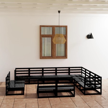 vidaXL Juego de muebles de jardín 12 pzas y cojines negro madera pino