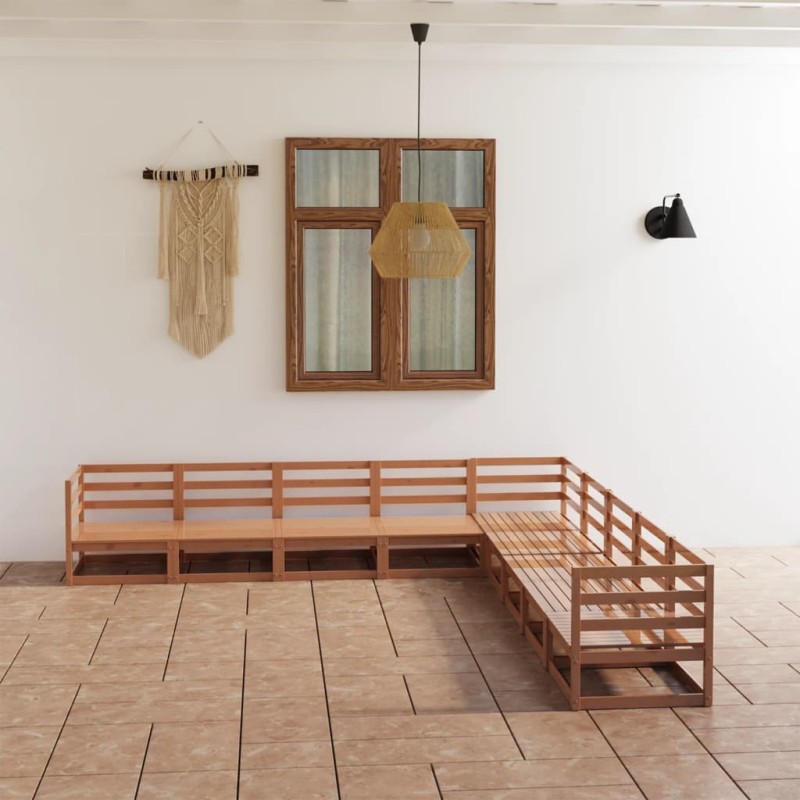vidaXL Muebles de jardín 9 pzas y cojines marrón miel madera pino vidaXL Muebles de jardín 9 pzas y cojines marrón miel madera pino