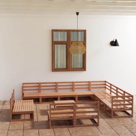 vidaXL Muebles de jardín 13 pzas y cojines marrón miel madera pino