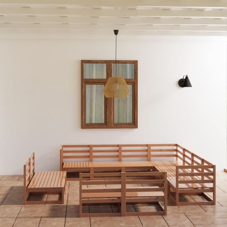 vidaXL Muebles de jardín 11 pzas y cojines marrón miel madera pino