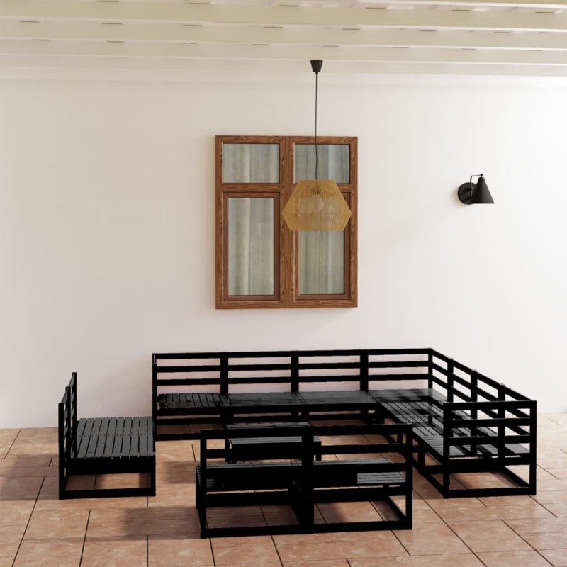 vidaXL Juego de muebles de jardín 12 pzas y cojines negro madera pino vidaXL Juego de muebles de jardín 12 pzas y cojines negro madera pino