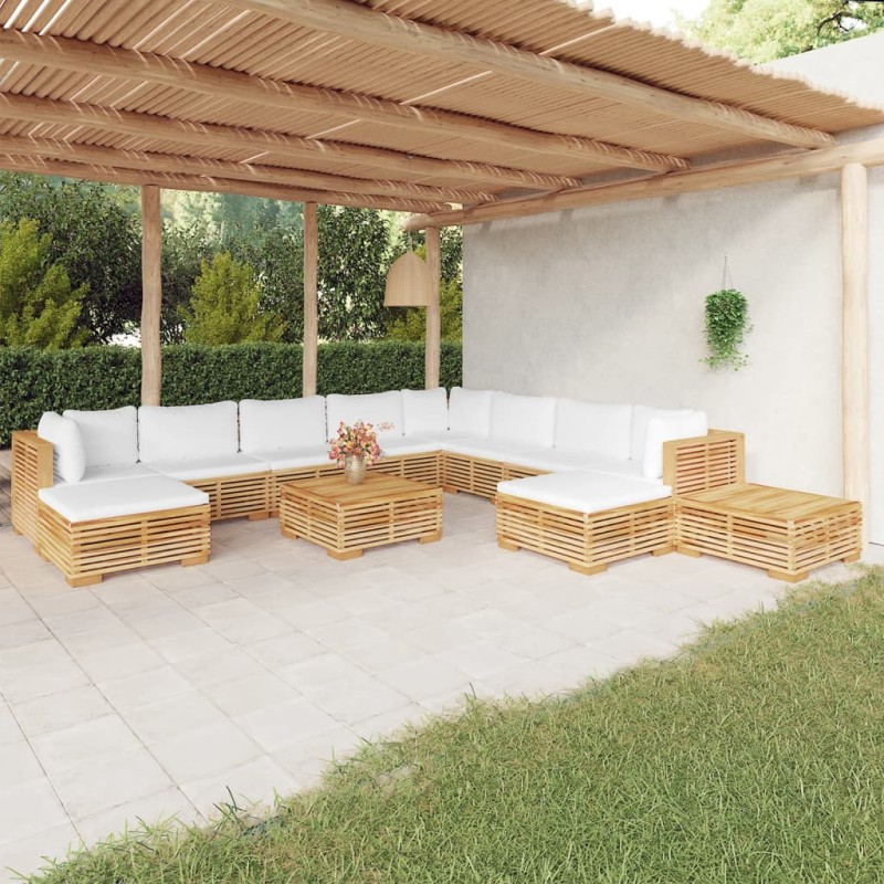 vidaXL Juego muebles de jardín 12 piezas y cojines madera maciza teca vidaXL Juego muebles de jardín 12 piezas y cojines madera maciza teca