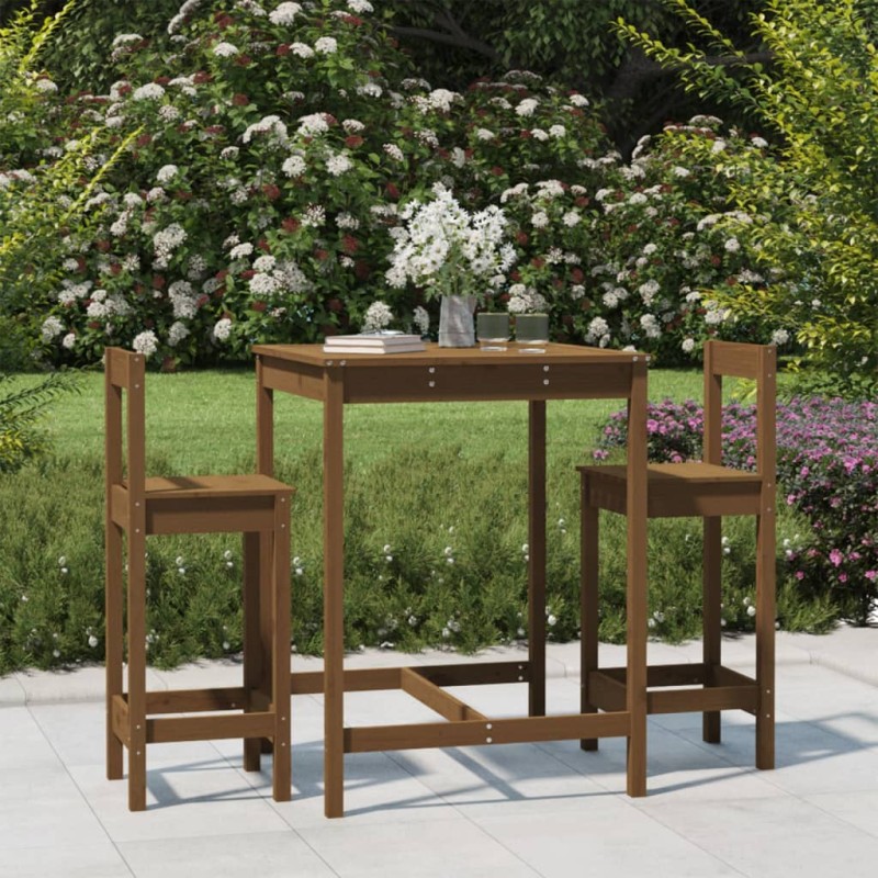 vidaXL Mesa y taburetes altos de jardín 3 pzas madera pino marrón miel vidaXL Mesa y taburetes altos de jardín 3 pzas madera pino marrón miel