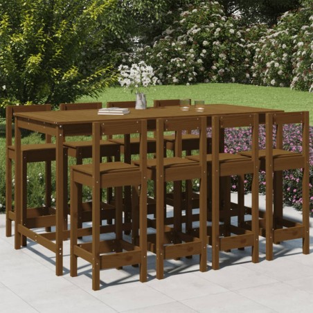 vidaXL Mesa y taburetes altos de jardín 9 pzas madera pino marrón miel